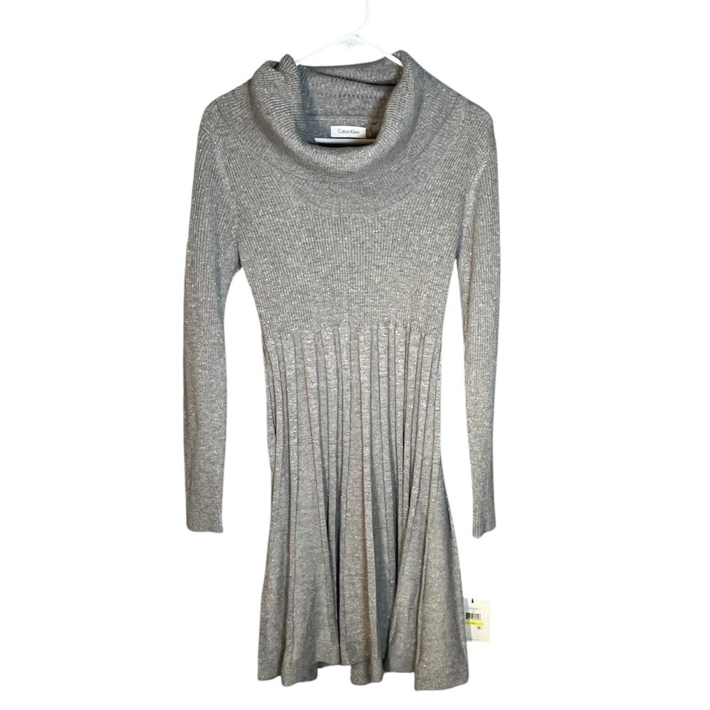 Calvin Klein NWT Women's Cowl Neck Metallic Sweater Dress Gray M